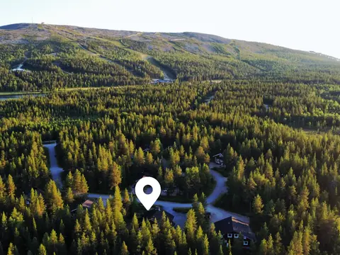 Aerial view of the summer forest around Chalet Nulkka with the Levi fell in the distance